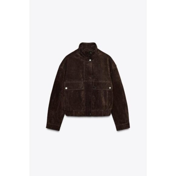 ZARA SUEDE LEATHER BOMBER JACKET WITH POCKETS - Picture 8 of 10